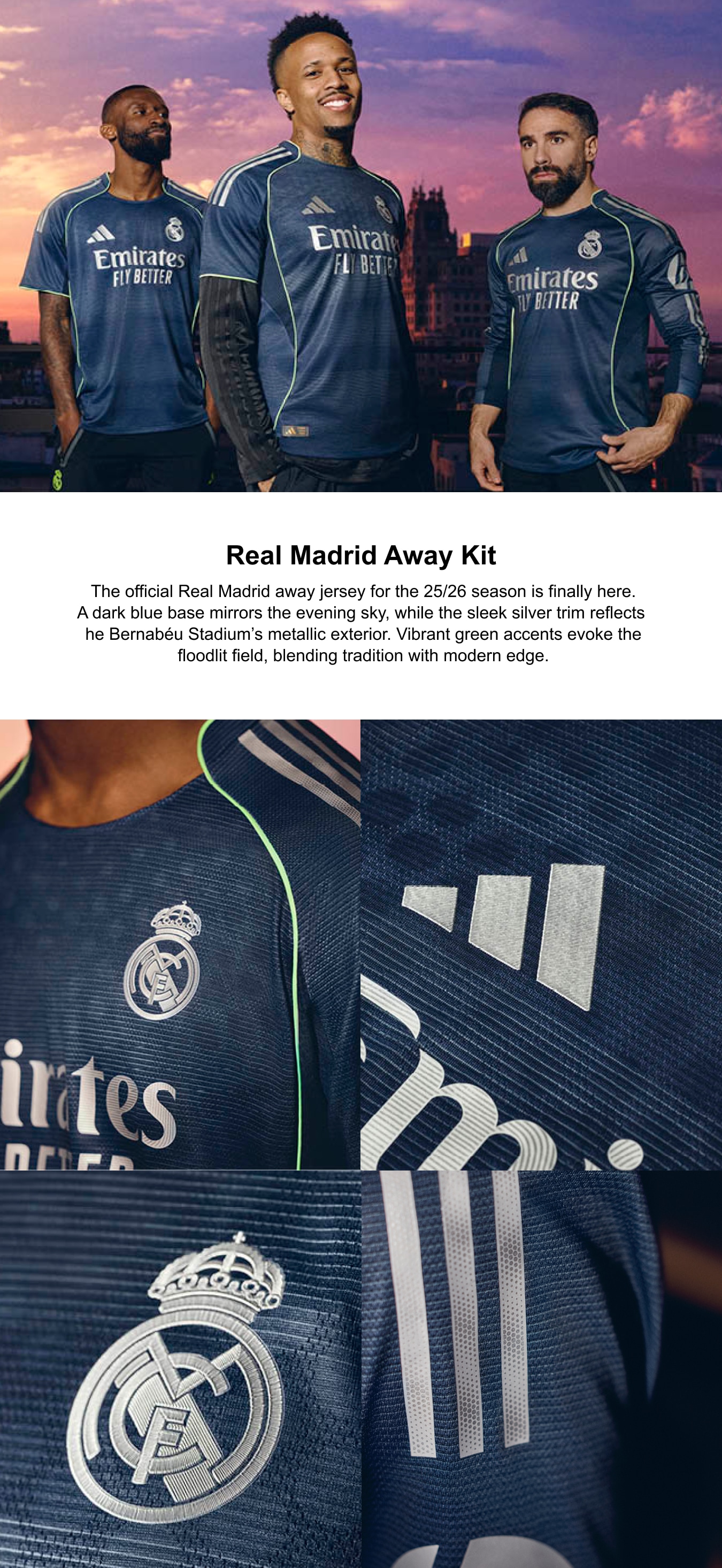 Real Madrid adidas Away Shirt 2025-26 with Bellingham 5 printing